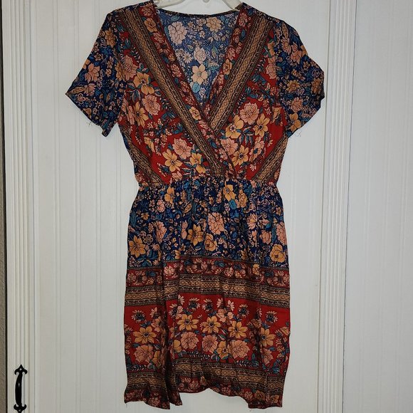 Womens Red Blue Bohemian, Boho Floral Print Short Dress -  NEW - NWOT - Picture 3 of 6